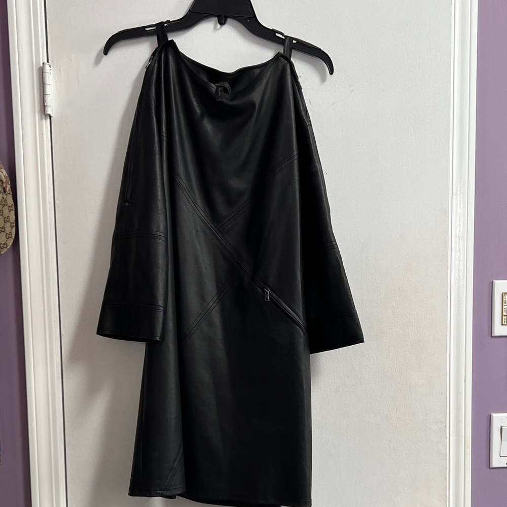 BCBGMaxAzria Black Off-Shoulder Faux Leather Long Sleeve Dress